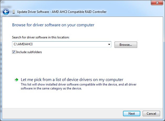C:\AMDAHCI driver folder selected for AMD AHCI Compatible RAID Controller