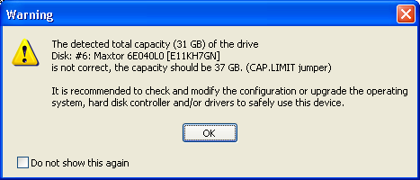 The detected total capacity of the drive is not correct, CAP.LIMIT jumper