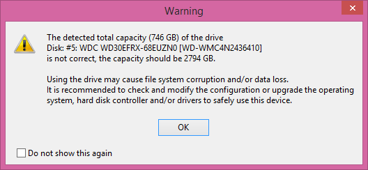 The detected total capacity of the hard disk drive is not correct.