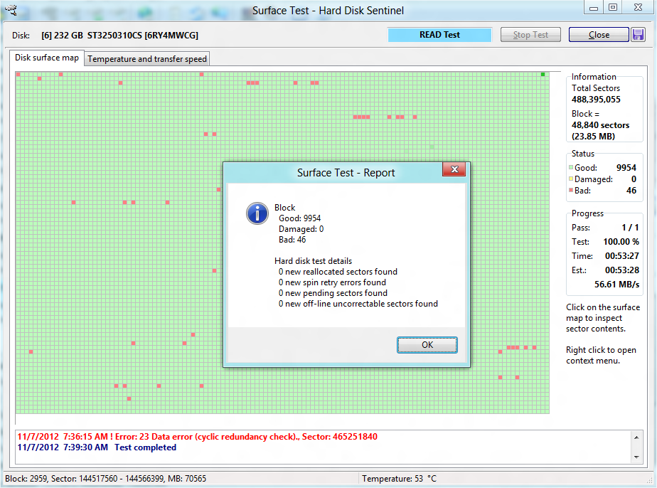 Read test shows new problems on hard disk surface